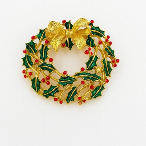 💜 Vintage JJ Jonette Jewelry Gold Tone Holiday Christmas Wreath Openwork Brooch - Picture 3 of 3
